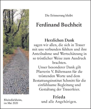 Traueranzeige von Ferdinand Buchheit von vrm-trauer