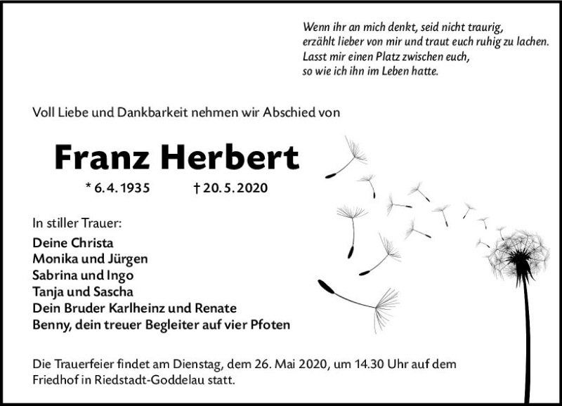  Traueranzeige für Franz Herbert vom 23.05.2020 aus vrm-trauer