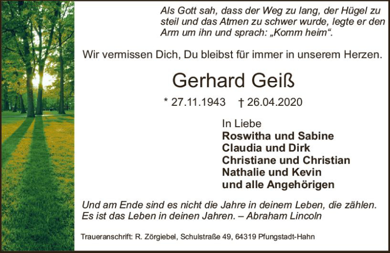  Traueranzeige für Gerhard Geiß vom 09.05.2020 aus vrm-trauer