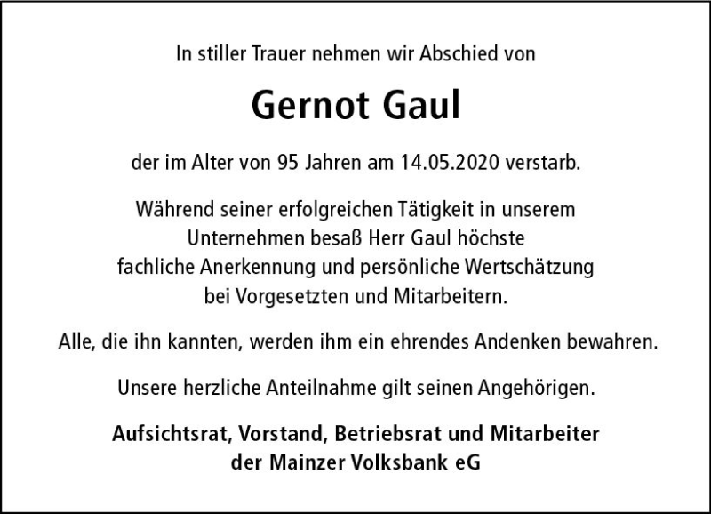  Traueranzeige für Gernot Gaul vom 27.05.2020 aus vrm-trauer