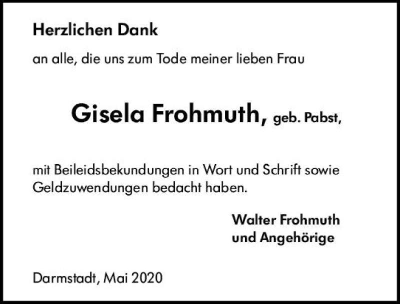  Traueranzeige für Gisela Frohmuth vom 02.05.2020 aus vrm-trauer
