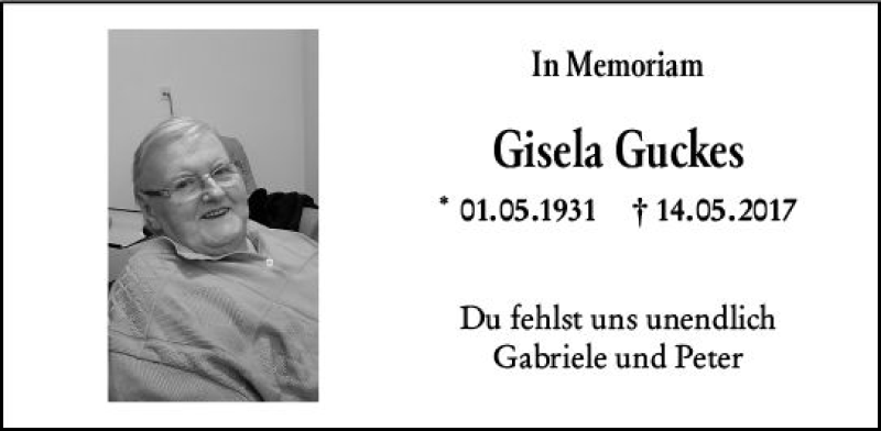  Traueranzeige für Gisela Guckes vom 16.05.2020 aus vrm-trauer