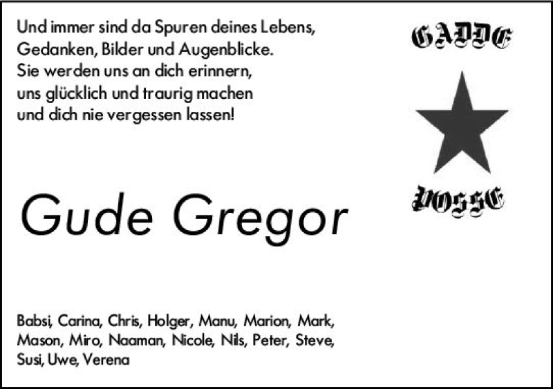  Traueranzeige für Gude Gregor vom 02.05.2020 aus vrm-trauer