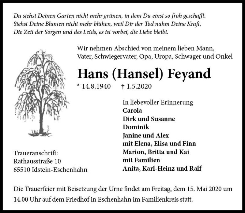  Traueranzeige für Hans  Feyand vom 09.05.2020 aus vrm-trauer