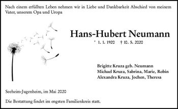 Traueranzeige von Hans-Hubert Neumann von vrm-trauer