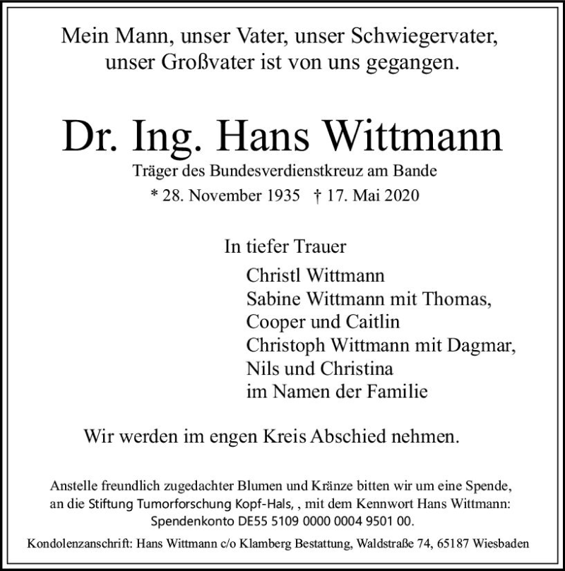  Traueranzeige für Hans Wittmann vom 23.05.2020 aus vrm-trauer