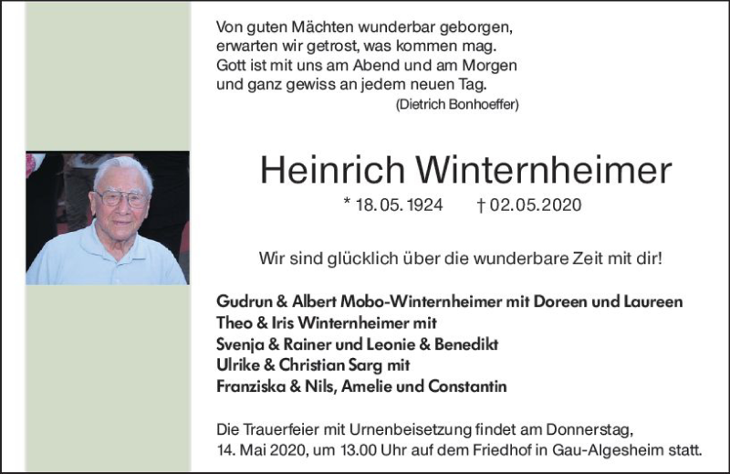  Traueranzeige für Heinrich Winternheimer vom 09.05.2020 aus vrm-trauer