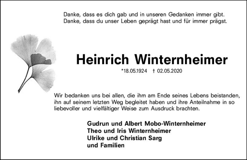  Traueranzeige für Heinrich Winternheimer vom 30.05.2020 aus vrm-trauer