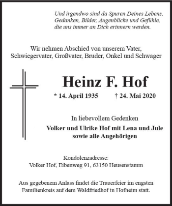 Traueranzeige von Heinz F. Hof von vrm-trauer