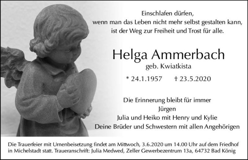  Traueranzeige für Helga Ammerbach vom 30.05.2020 aus vrm-trauer