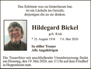 Traueranzeige von Hildegard Bickel von vrm-trauer
