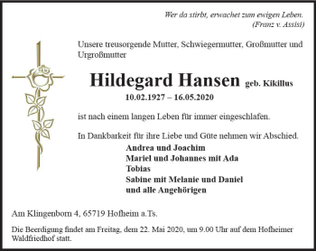 Traueranzeige von Hildegard Hansen von vrm-trauer