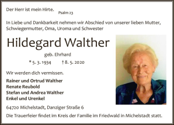 Traueranzeige von Hildegard Walther von vrm-trauer