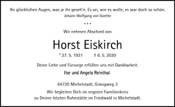 Traueranzeige von Horst Eiskirch von vrm-trauer
