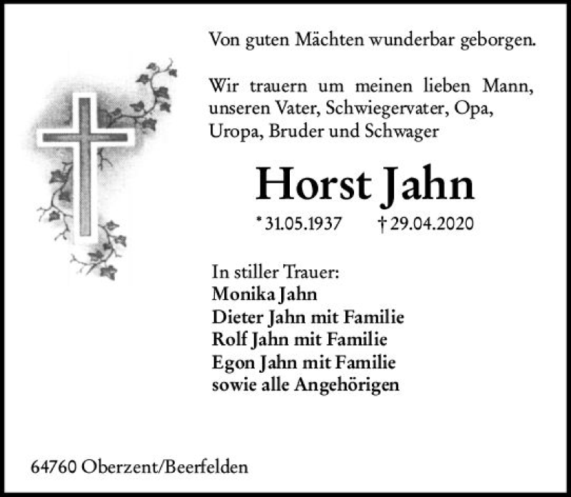  Traueranzeige für Horst Jahn vom 02.05.2020 aus vrm-trauer