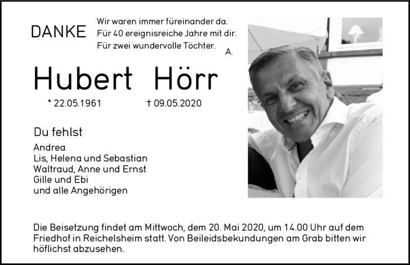  Traueranzeige für Hubert Hörr vom 16.05.2020 aus vrm-trauer