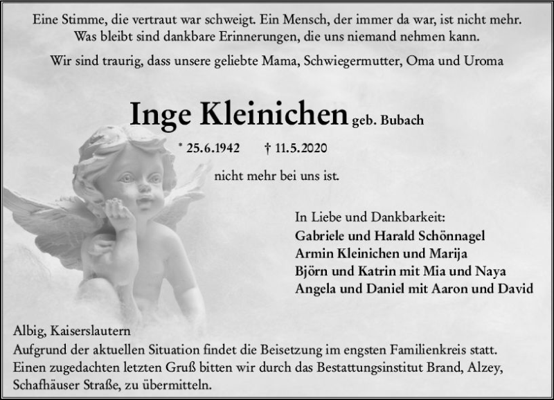  Traueranzeige für Inge Kleinichen vom 14.05.2020 aus vrm-trauer