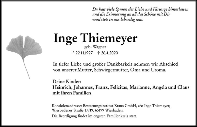  Traueranzeige für Inge Thiemeyer vom 02.05.2020 aus vrm-trauer