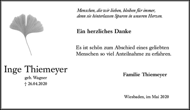  Traueranzeige für Inge Thiemeyer vom 16.05.2020 aus vrm-trauer