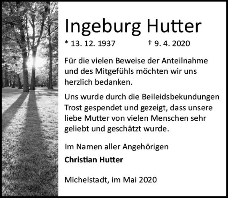  Traueranzeige für Ingeburg Hutter vom 23.05.2020 aus vrm-trauer