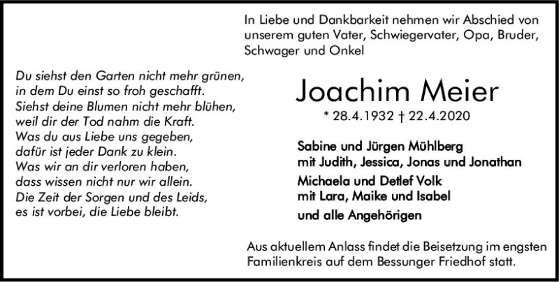  Traueranzeige für Joachim Meier vom 02.05.2020 aus vrm-trauer