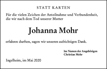 Traueranzeige von Johanna Mohr von vrm-trauer