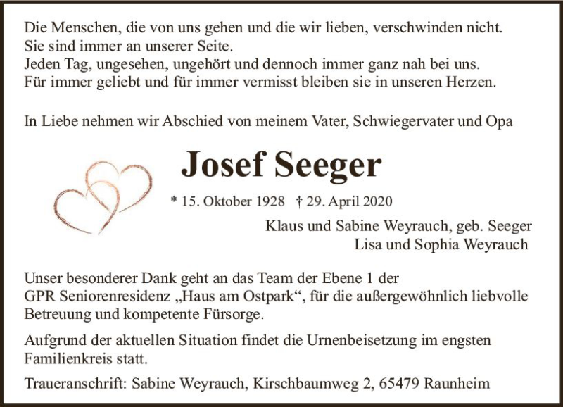  Traueranzeige für Josef Seeger vom 09.05.2020 aus vrm-trauer