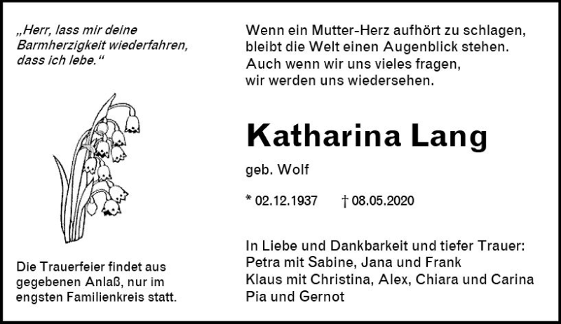  Traueranzeige für Katharina Lang vom 13.05.2020 aus vrm-trauer