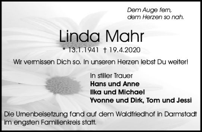  Traueranzeige für Linda Mahr vom 02.05.2020 aus vrm-trauer