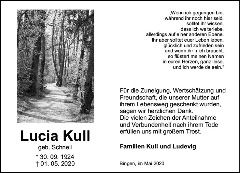 Traueranzeige für Lucia Kuli vom 30.05.2020 aus vrm-trauer