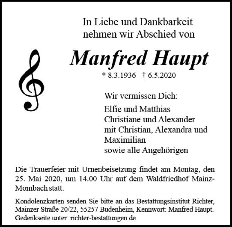  Traueranzeige für Manfred Haupt vom 16.05.2020 aus vrm-trauer