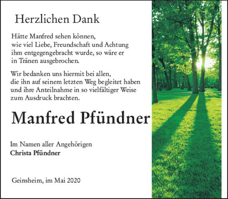  Traueranzeige für Manfred Pfündner vom 16.05.2020 aus vrm-trauer