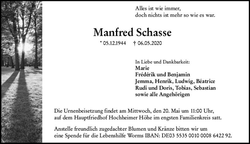  Traueranzeige für Manfred Schasse vom 18.05.2020 aus vrm-trauer