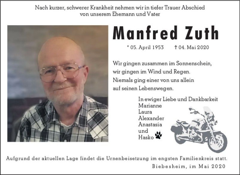  Traueranzeige für Manfred Zuth vom 09.05.2020 aus vrm-trauer