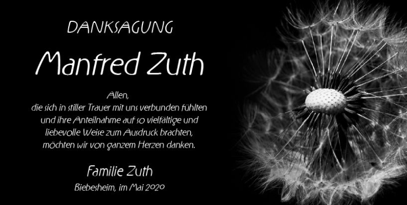  Traueranzeige für Manfred Zuth vom 23.05.2020 aus vrm-trauer