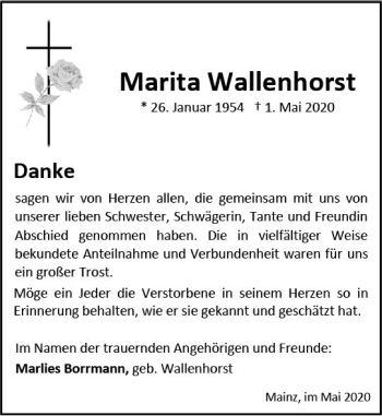 Traueranzeige von Marita Wallenhorst von vrm-trauer
