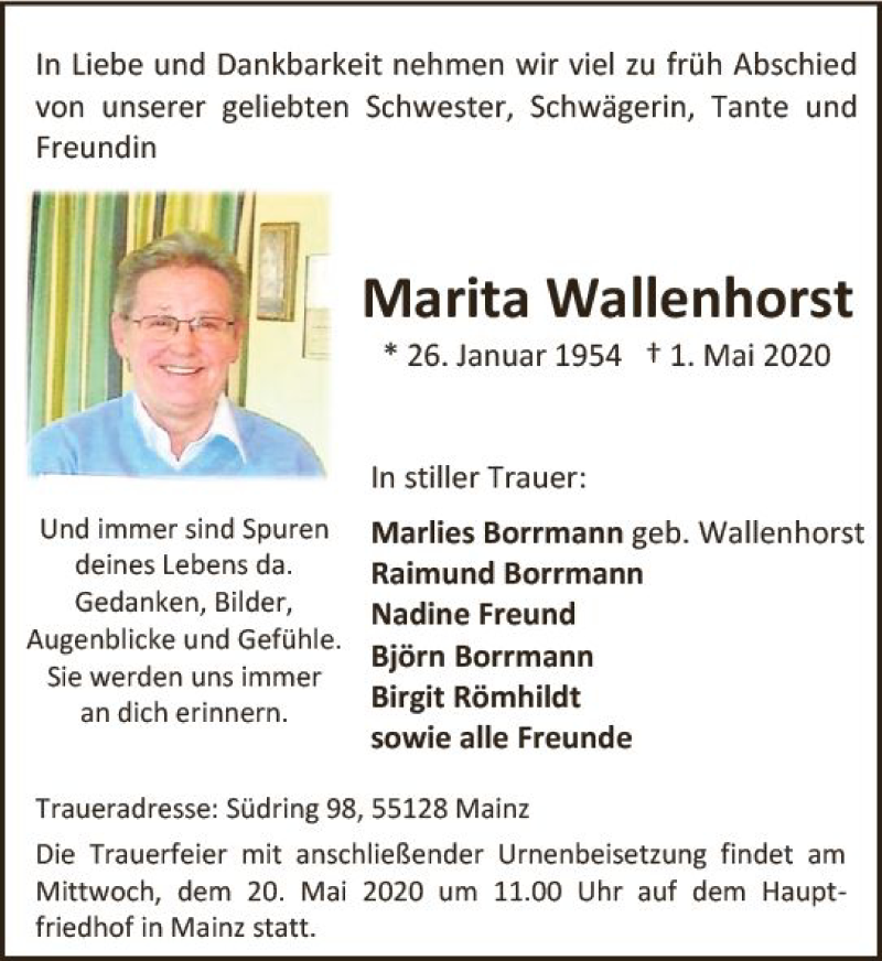  Traueranzeige für Marita Wallenhorst vom 16.05.2020 aus vrm-trauer