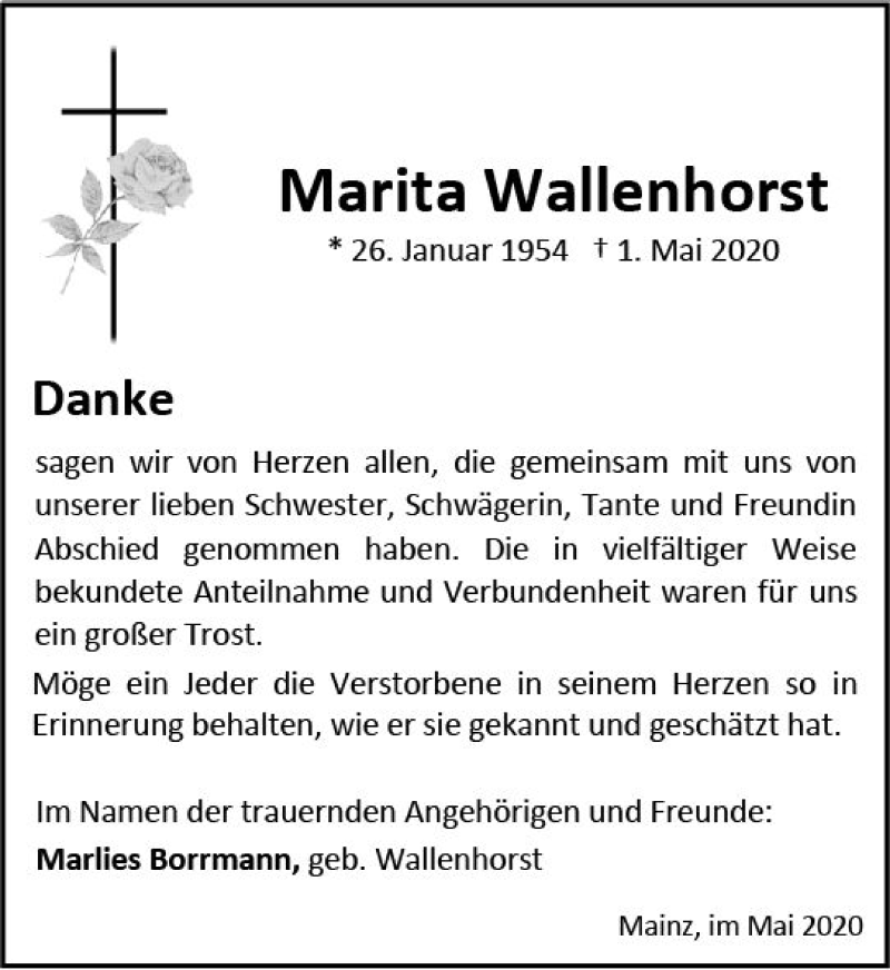  Traueranzeige für Marita Wallenhorst vom 30.05.2020 aus vrm-trauer