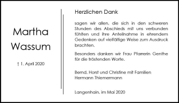 Traueranzeige von Martha Wassum von vrm-trauer