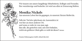 Traueranzeige von Monika Nickels von vrm-trauer