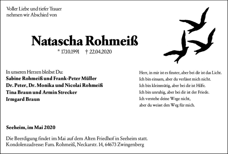  Traueranzeige für Natascha Rohmeiß vom 02.05.2020 aus vrm-trauer