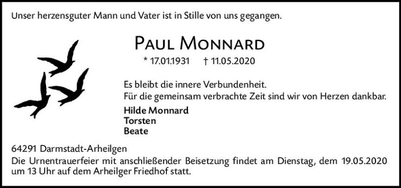  Traueranzeige für Paul Monnard vom 16.05.2020 aus vrm-trauer