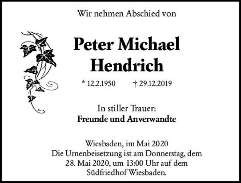  Traueranzeige für Peter Michael Hendrich vom 23.05.2020 aus vrm-trauer