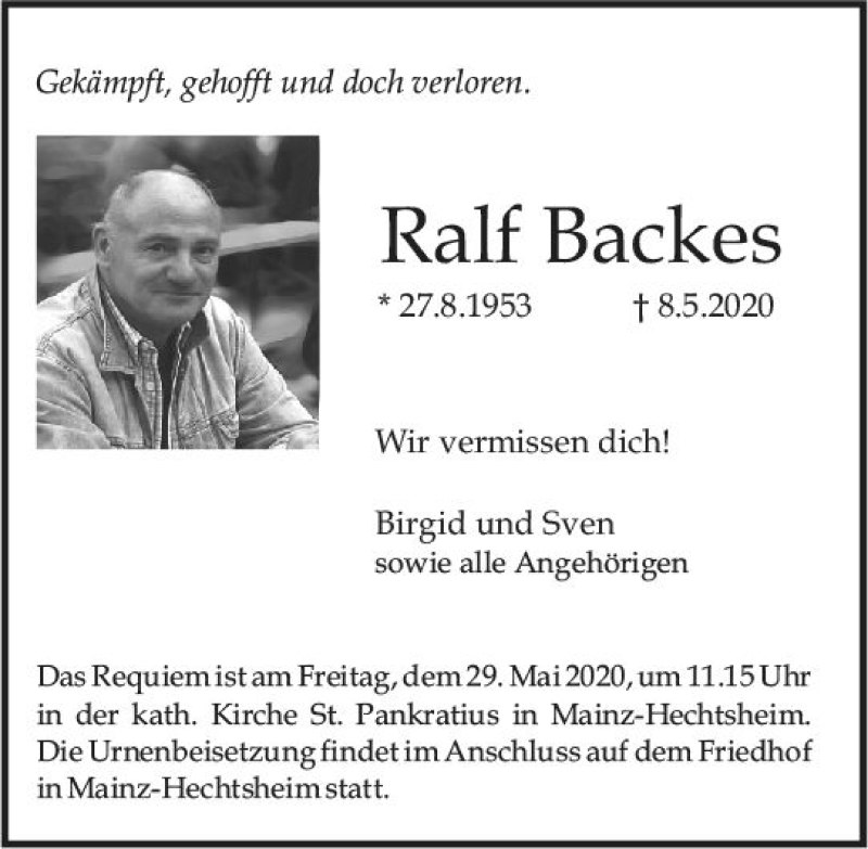  Traueranzeige für Ralf Backes vom 23.05.2020 aus vrm-trauer