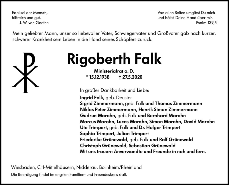  Traueranzeige für Rigoberth Falk vom 30.05.2020 aus vrm-trauer