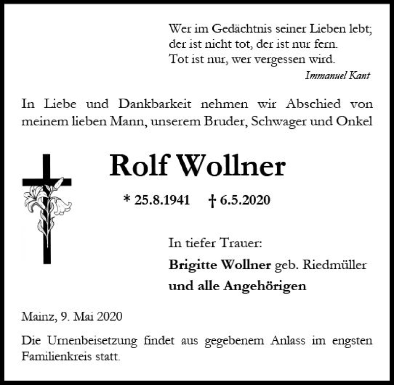  Traueranzeige für Rolf Wollner vom 09.05.2020 aus vrm-trauer