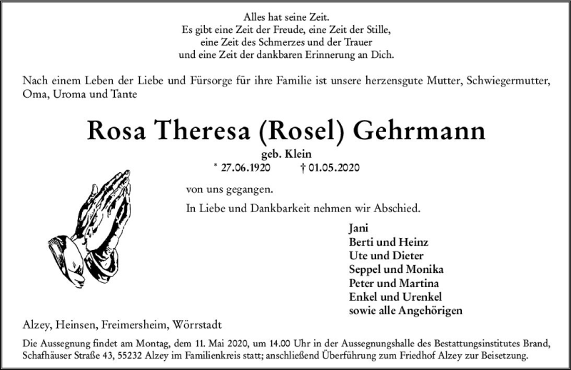 Traueranzeigen von Rosa Theresa Gehrmann | www.vrm-trauer.de