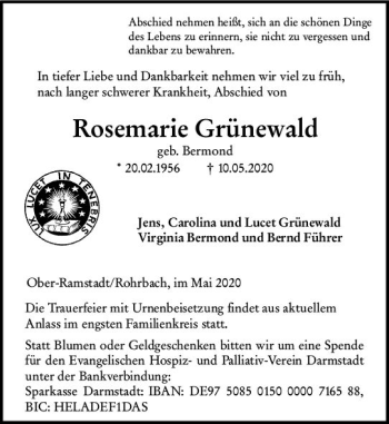 Traueranzeige von Rosemarie Grünewald von vrm-trauer