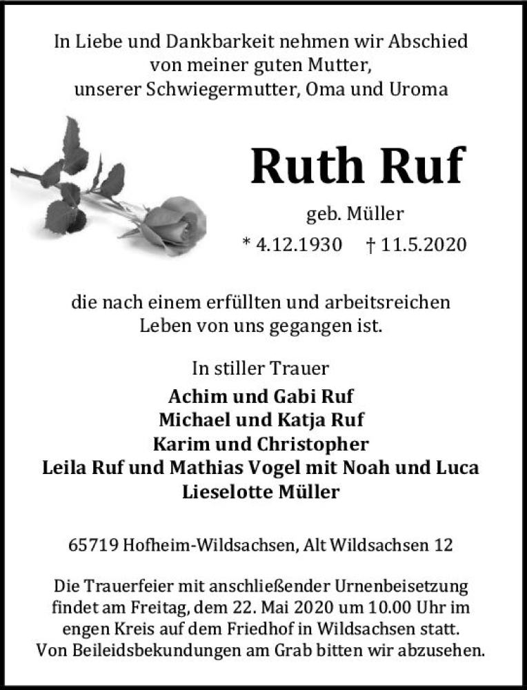  Traueranzeige für Ruth Ruf vom 15.05.2020 aus vrm-trauer