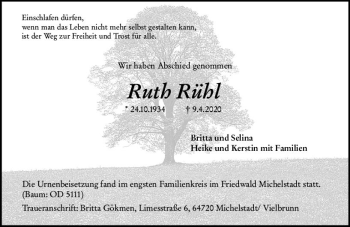 Traueranzeige von Ruth Rühl von vrm-trauer